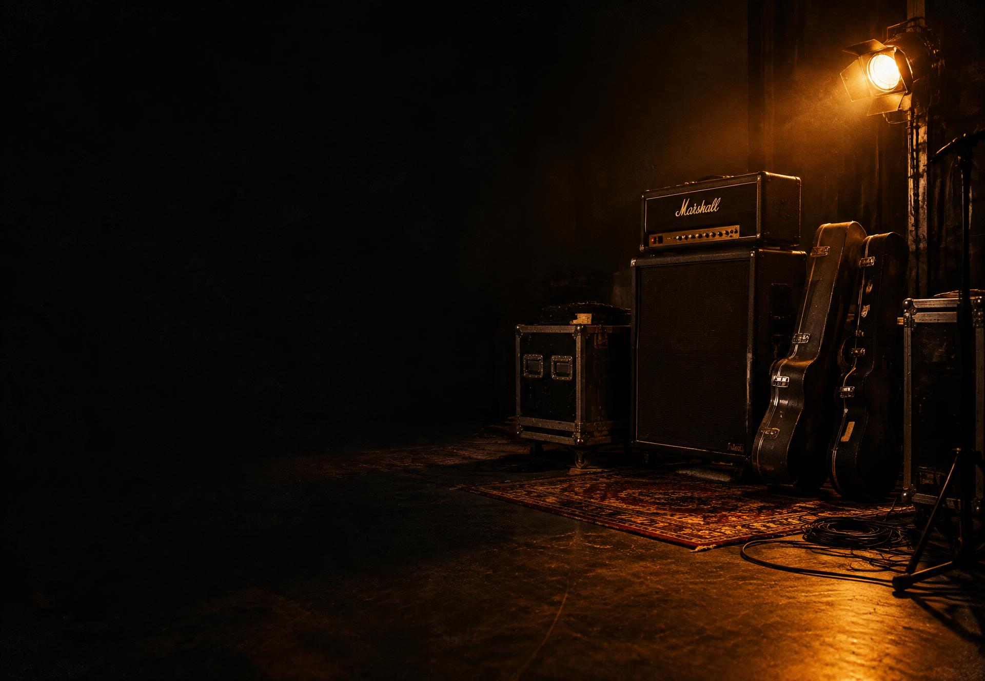 A dark rehearsal studio with amps and guitar cases lit by a warm stage light